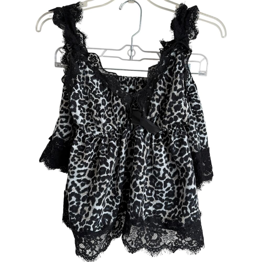 Black White Cheetah Print Lace Detail Lingerie Loungewear Set Sz S Mob Wife Y2K